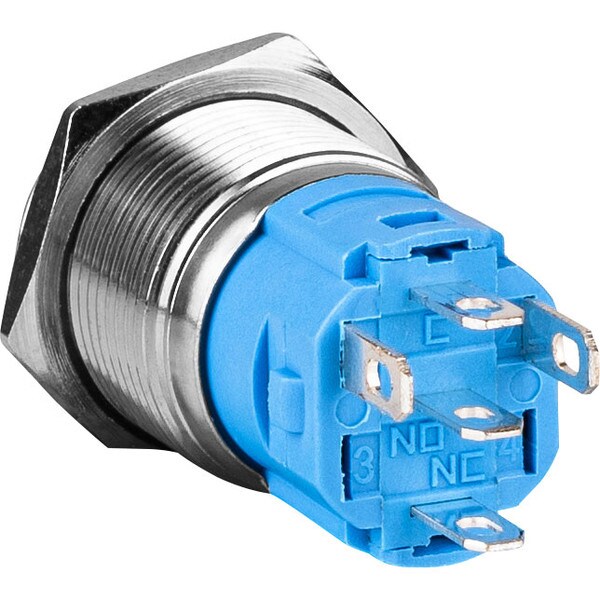 Main product image for SPDT Latching 16mm Stainless Steel Tamper/Waterproof Raised Push Button Switch with Blue Ring060-958